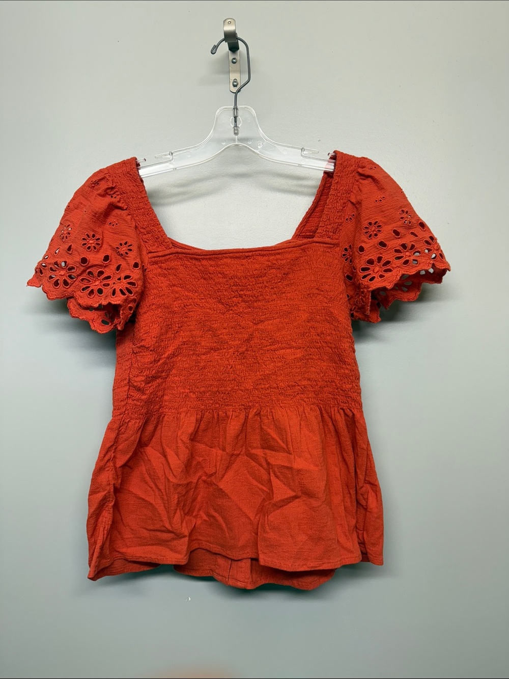 Madewell Red Eyelet Puff Sleeve Square Neck Top